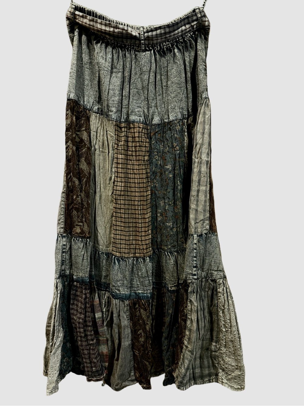 Young Threads Tiered Patchwork Maxi Skirt in Denim Blue and Earth Tones - Picture 2 of 6